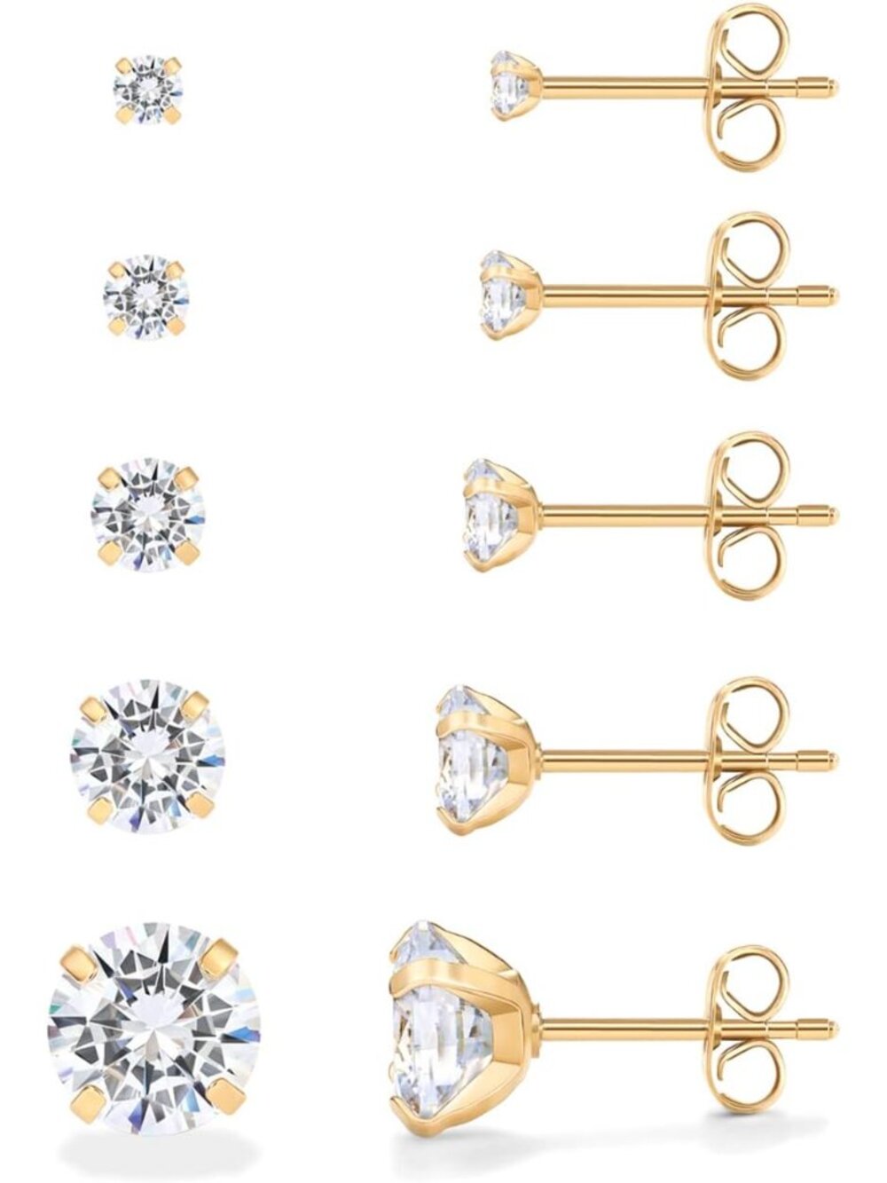 Waterproof Stud Earrings for Women, 14K Gold Plated CZ Set of 5 | Hearts and Arr